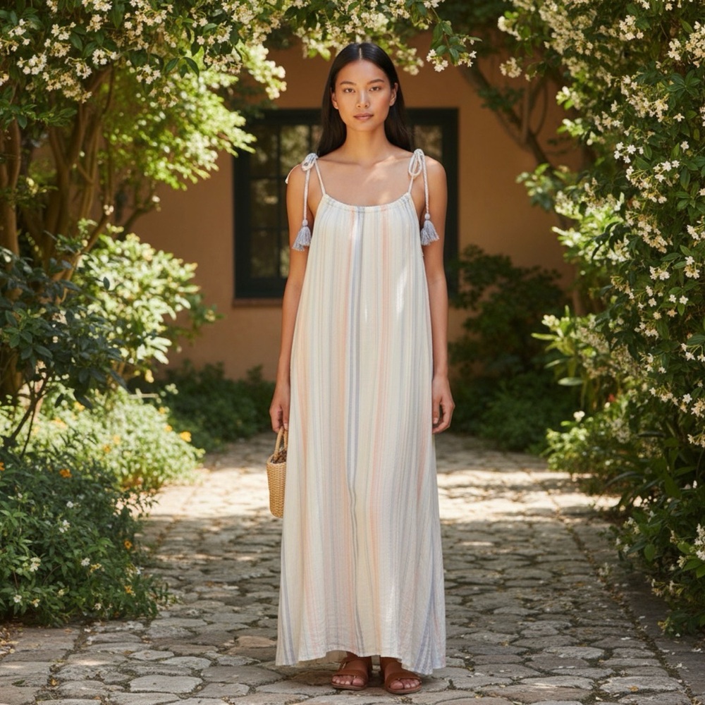 Hem & Thread Maxi Dress Striped Multicolor Yellow Pink Cream Large EUC Boho - Picture 2 of 7
